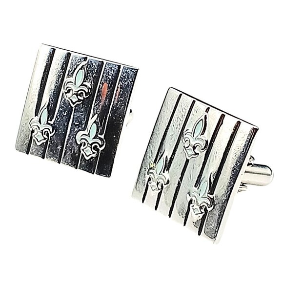 Vintage Swank Silver-Tone Fleur-De-Lis Square Cufflinks - Picture 1 of 2